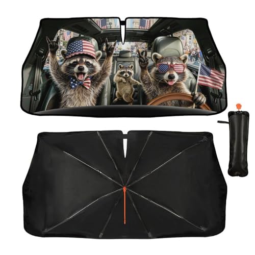 Funny Rocking Raccoon Print Car Sunshade Umbrella Funny Rocking Raccoon Windshield Sun Shade for Car Retractable Umbrella Sunshades for Front Window Sun Shades Cover Visor Portector Block UV Rays (One Size / Style26)