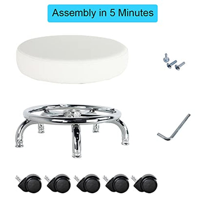 Modern Roller Seat PU Leather Low Round Rolling Stool 360° Swivel Small Seat with Universal Wheels Foot Stool for Home Office Garage Shop Fitness Sport H：8.6" （White） (White)
