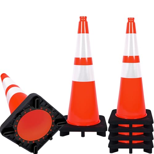 Traffic Cones 28 inch 6 Pack Heavy Duty Safety Cones Orange with Reflective Collars Fit Parking Lot (28 inch(12inch base black))