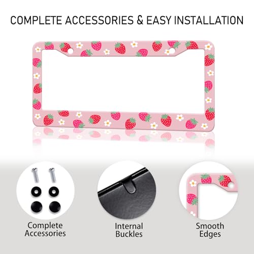 Strawberry License Plate Frame Flower Fruit Cute License Plate Frame Holder Covers with Screw Caps Kawaii Girly Metal Aluminum Rustproof Car Accessories for Women 12x6 Inch (Strawberry)