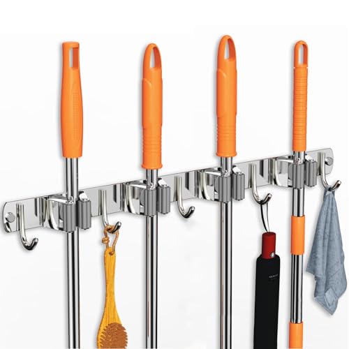 Mop and Broom Holder Wall Mount for Kitchen Garden Laundry Garage (Silver / 4 Racks with 5 Hooks)