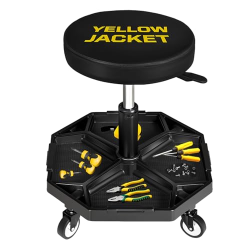 Pneumatic Shop Creeper Seat Adjustable Mechanic Stool with Wheels 300Lbs and Removable Tool Tray Storage Workshop Chair for Auto Repair (Black and Yellow)
