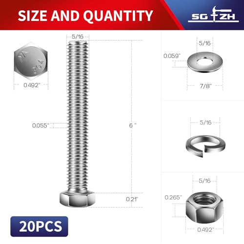 5/16-18 x 6" Hex Head Screw Bolt, Nuts, Flat & Lock Washers, 20Pcs 18-8 (304) Stainless Steel, Fully Threaded, by SG TZH (5/16-18 x 6" / Silver)