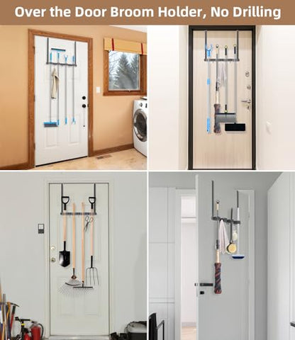 Broom Holder Over The Door with Hooks (Space grey)