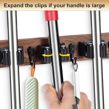 Broom Holder Wall Mount With 5 Slots & 4 Hooks (Brown)