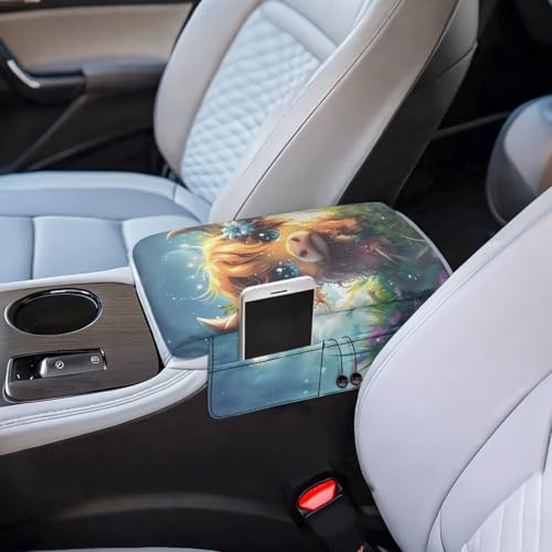 Cute Highland Cow Auto Center Console Armrest Cover Arm Rest Seat Box Pad Protector with Side Storage Pocket Middle Console Pad for Car Storage Box Car Interior Accessories (Cute Highland Cow)