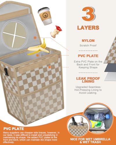 Car Trash Can with Lid Leakproof Car Garbage Bag Vehicle Trash Bin (2 Gallons / Khaki Checkered)