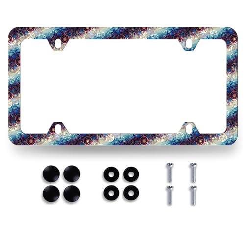 Blue Purple Mandala License Plate Frame Boho License Holder with 4 Holes (Blue Purple Mandala Flower Pattern)