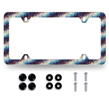 Blue Purple Mandala License Plate Frame Boho License Holder with 4 Holes (Blue Purple Mandala Flower Pattern)