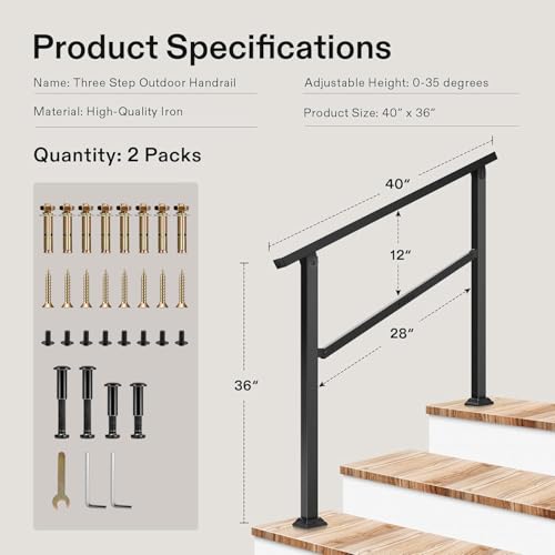 2-Pack 3-Step Stair Handrail 40"x36" Wrought Iron Porch Black (Black / 3 Steps)