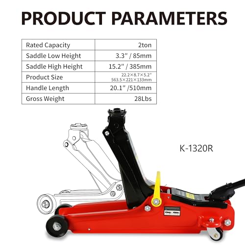 5 Piece Car Truck Floor Jack Service (Red - 2 Ton(Single Pump), Lift 3.3"-15.2" (Floor Jack+2 Jack Stands+Repair Kit+Wrench))