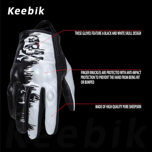 Goatskin Leather Motorcycle Motorbike Powersports Racing Gloves Reflective Skull Touchscreen for Men and Women Model (HEE8 / Large)