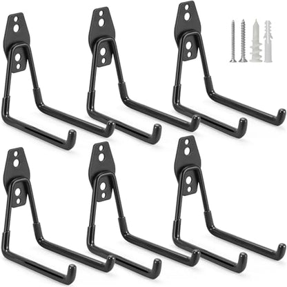 6 Pack Garage Hooks Heavy Duty Storage Organizer Wall Mount Power and Garden Tool Hangers (Medium U Hook / Black 6 pack)