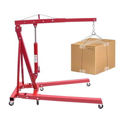 Folding Engine Hoist 2 Ton Engine Crane Lift with 6 Caster Wheels 4400LBS Steel Hydraulic Engine Crane 4 Adjustable Positions for Car Fixing Workshops Garages Warehouse (Red 1T)
