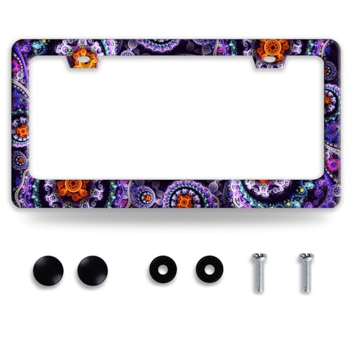 Fantasy Art Flowers License Plate Frame Colorful Mandala Floral License Plate Holder Funny Stainless Steel Accessories Cars Decor with 2 Holes and Screws Fits Standard Us Ca Vehicles 12.2 X 6 Inch (Fantasy Art Flowers)