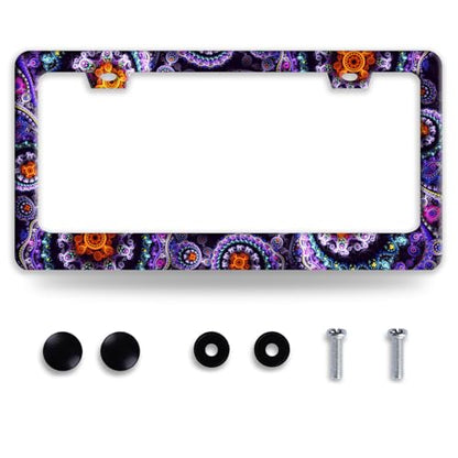 Fantasy Art Flowers License Plate Frame Colorful Mandala Floral License Plate Holder Funny Stainless Steel Accessories Cars Decor with 2 Holes and Screws Fits Standard Us Ca Vehicles 12.2 X 6 Inch (Fantasy Art Flowers)