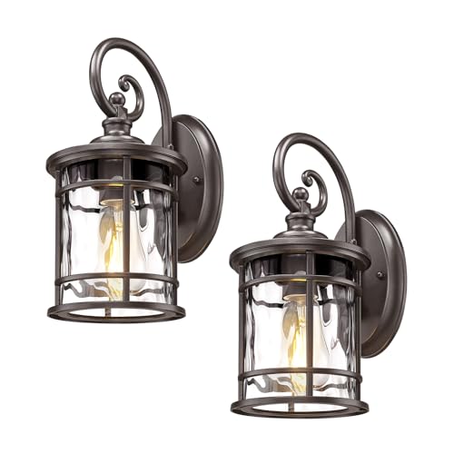 Outdoor Wall Mount Light Fixtures 2 Pack (Oil Rubbed Bronze - Water Ripple Glass / 12.4 Inch)