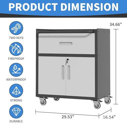 Metal Storage Cabinet for Garage (Black & Gray / M - 1 Drawer & 2 Doors (Wheeled))
