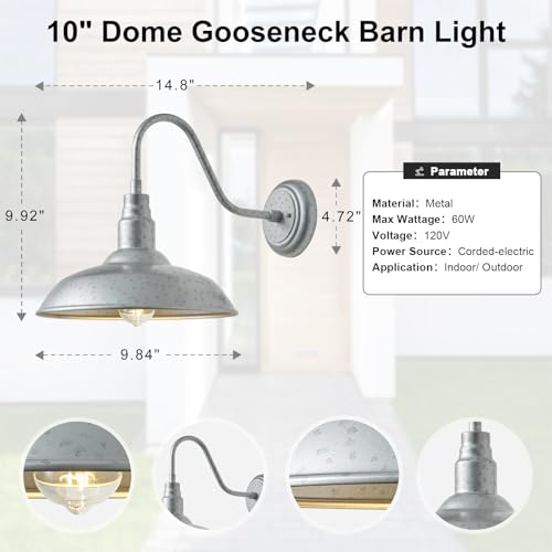 10in Outdoor Gooseneck Barn Light Silver Gray Exterior Barn Wall Sconce Farmhouse Style Outdoor Porch Wall Mount Light Brushed Silver Outside Gooseneck Lighting for Patio (Galvanized / 10" Dome)