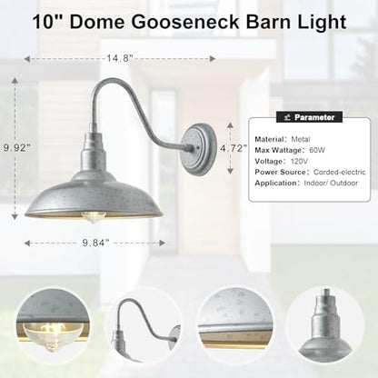 10in Outdoor Gooseneck Barn Light Silver Gray Exterior Barn Wall Sconce Farmhouse Style Outdoor Porch Wall Mount Light Brushed Silver Outside Gooseneck Lighting for Patio (Galvanized / 10" Dome)