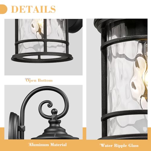 Outdoor Wall Sconces 2 Pack (Black - Water Ripple Glass / 12.4 Inch)