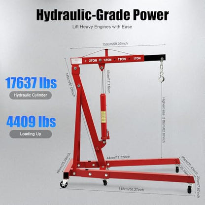 Folding Engine Hoist 1 Ton Engine Crane Lift with 6 Caster Wheels 2200LBS Steel Hydraulic Engine Crane 4 Adjustable Positions for Car Fixing Workshops Garages Warehouse (Red 2T)