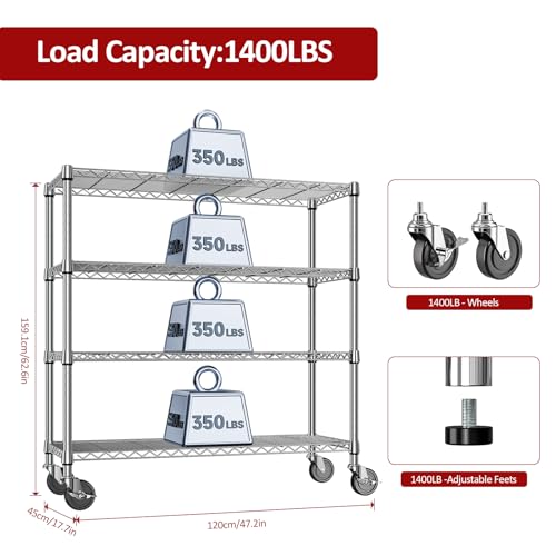 4 Tier Heavy Duty Metal Wire Shelving Unit (4 Tier, 17.7" D x 47.2" W x 59.1" H / Chrome)
