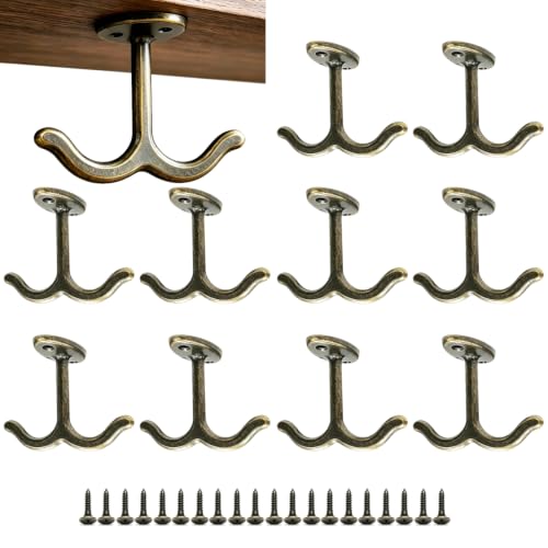 10 Pcs Zinc Alloy Ceiling Double Hook Cabinet Wardrobe Coat Towel Hat Hook Hooks Under Cabinet Shelf (Antique Bronze)