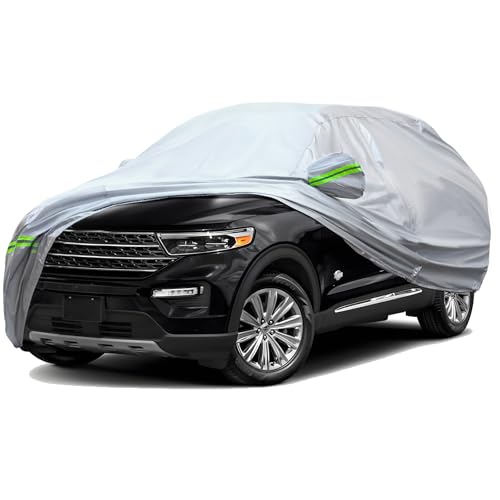 6 Layers Premium Full Car Cover Hard Shell Zipper Design Waterproof All Weather Weatherproof UV Sun Protection Snow Dust Storm Resistant Outdoor with Straps (Green reflective strip / SUV-2XL ( Fit for SUV 201"- 211" ))