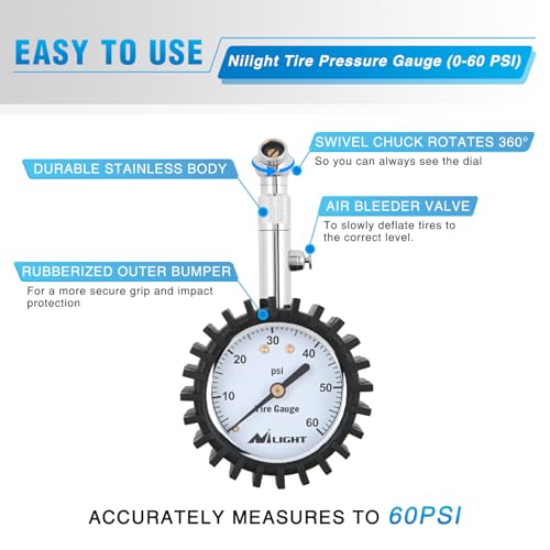 Tire Pressure Gauge 60PSI Stainless Steel Air Chucks (60psi Tire Gauge)