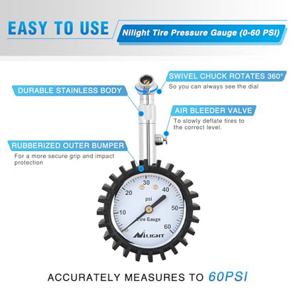 Tire Pressure Gauge 60PSI Stainless Steel Air Chucks (60psi Tire Gauge)
