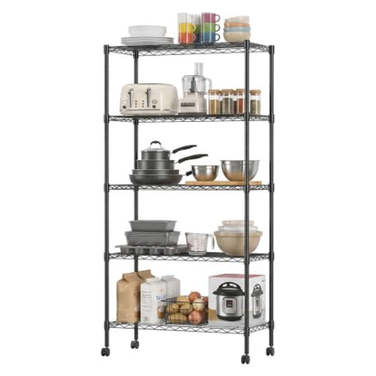 5 Tier Wire Shelf with Wheels (Black / 14"D x 30"W x 60"H)