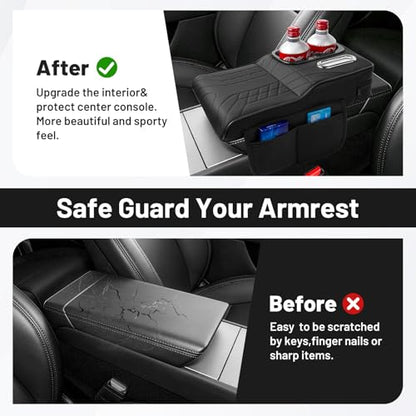 4-in-1 Center Console Cover for Tesla Model Y/Model 3 2020-2026 Accessories Armrest Cushion with Multi-Purpose Storage Leather Middle Console Cover for Model Y Juniper/Model 3 Highland (12)20-26|Model Y&3|Black,+Thick,+ Pockets)