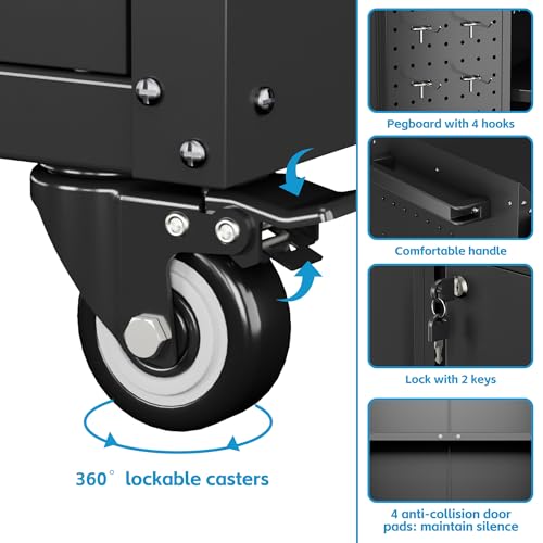 Storage Cabinet with Wheels and Pegboard (Black / 14"D x 26"W x 31.5"H)