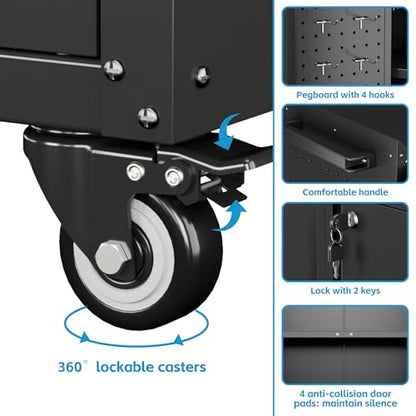 Storage Cabinet with Wheels and Pegboard (Black / 14"D x 26"W x 31.5"H)