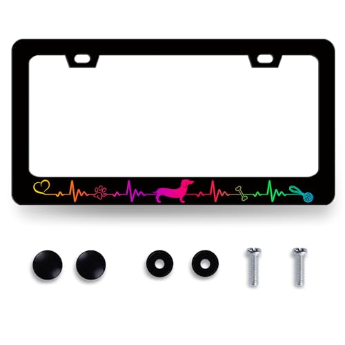 Colorful Dachshund License Plate Frame Lifeline Dogs Paws License Holder (Cute Heartbeat Line Dachshund)