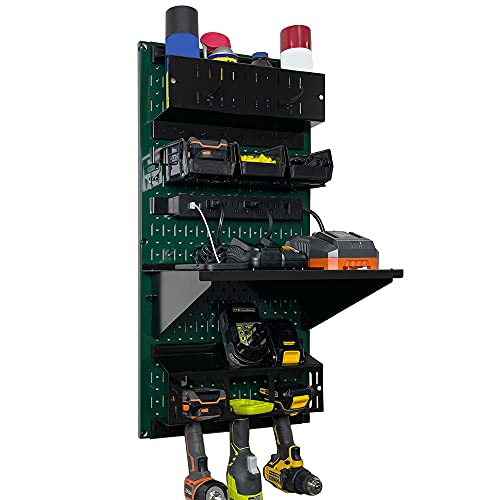 Power Tool Storage Organizer Kit Cordless Drill Holder Charging Station Rack 16” x 32” Metal Pegboard Organization System (Green Pegboard)