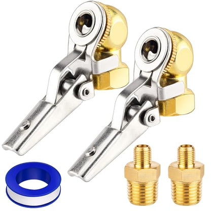 2-Pack 1/4'' Female NPT Air Chuck with Clip, Locking Closed Ball Tire Chuck with Inflator Adapter 1/4 NPT (m) to Schrader Valve (m), 2-Way Connection Tire Nozzle for Tire Inflator Air Compressor Hose (1/4'' NPT to Schrader Valve)