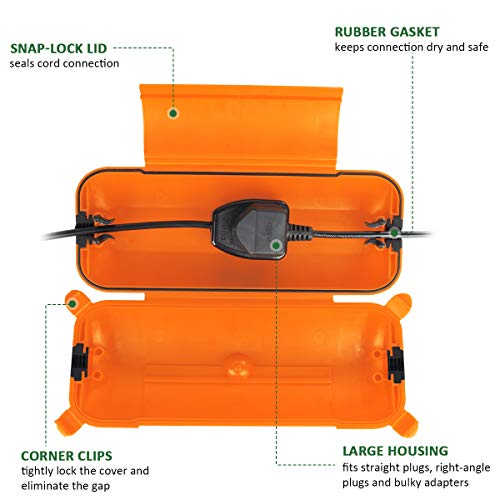 Outdoor Extension Cord Safety Cover (Orange / Medium Box: 9.5" L x 3" W x 2.9" H)