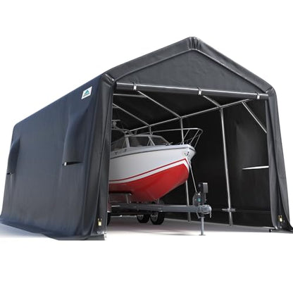 10X15 ft Garage Shelter Steel Metal Peak Roof Portable Storage Shed Carport for Motorcycle Boat (Dark Gray / 10'x15')
