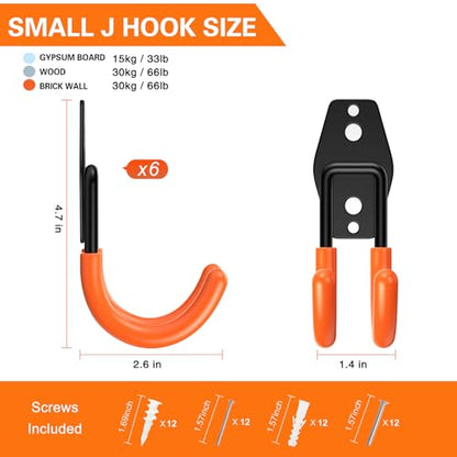 Heavy Duty Garage Hooks 6 Pack (2.6inch J Hook / Orange Small J Hook)