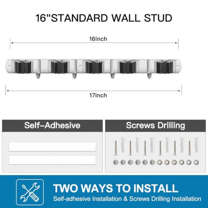 2 Pack Broom Holder Wall Mount Stainless Steel Mop Organizer (Stainless Steel - 5 Racks with 4 Hooks / 2 Pack)