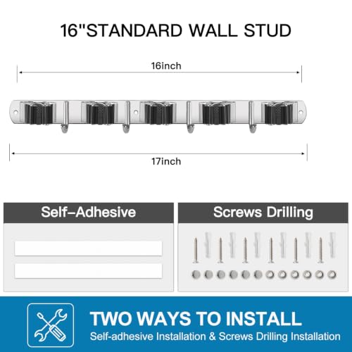 Broom Holder Wall Mount Stainless Steel Mop Organizer (Stainless Steel - 5 Racks with 4 Hooks / 1 Pack)