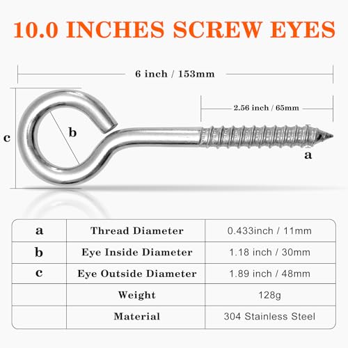 4Pcs Self Tapping Eyelet Screw Eye Bolt (M10-6 INCH)
