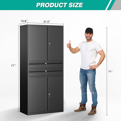 Metal Storage Cabinet with Drawer and Locks (71"H x 31.5"W x 16"D-C / Black)