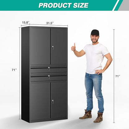 Metal Storage Cabinet with Drawer and Locks (71"H x 31.5"W x 16"D-C / Black)