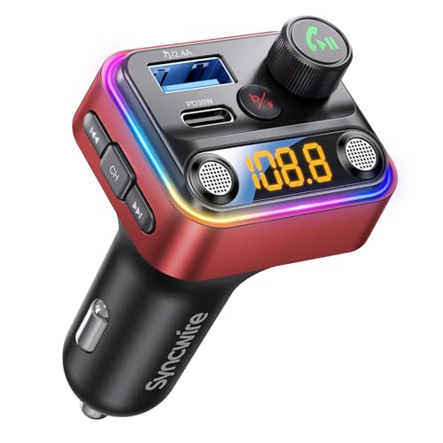 Bluetooth 5.4 FM Transmitter Car Adapter 42W [Light Switch] [Stronger Dual Mics] [HiFi Deep Bass] [Fast Charging] Wireless FM Radio Music Adapter Hands (Red)