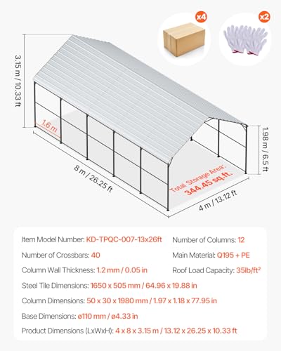 Heavy Duty Metal Carport (White / 13x26ft)