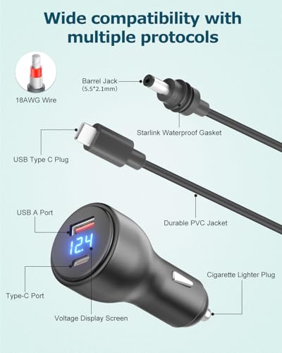 3 in 1 Starlink Mini Car Adapter 10FT 12V to 20V Cigarette Lighter Adapter (3M)