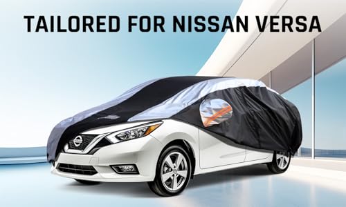 Versa Car Cover Waterproof All Weather with Silver Strip Design (Custom Fit Nissan Versa)